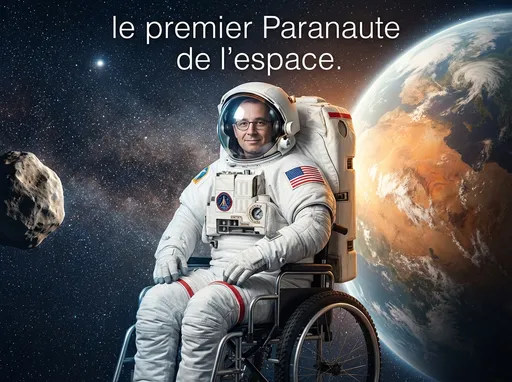 Prompt: This is a digitally created photograph-like image featuring a person in a white astronaut suit, complete with a helmet and American flag patch on the upper arm, sitting in a wheelchair. The astronaut is wearing glasses and has a calm expression. The wheelchair has black tires and a metal frame. The background showcases a vibrant, star-filled outer space scene with a large, partially illuminated planet on the right and a smaller moon or asteroid on the left. Above the astronaut, there is French text in white, reading "le premier Paranaute de l'espace." The astronaut's suit has various buttons, straps, and a life support pack on the back. The image combines realistic textures with a slight fantasy element, emphasizing themes of space exploration and inclusivity. The colors are predominantly dark blue and black, with white and gray from the astronaut's suit and wheelchair, and hints of orange and brown on the planet. The overall style is a blend of realism and digital art, focusing on both scientific and emotional elements. The image is designed to inspire and evoke a sense of wonder and possibility.
