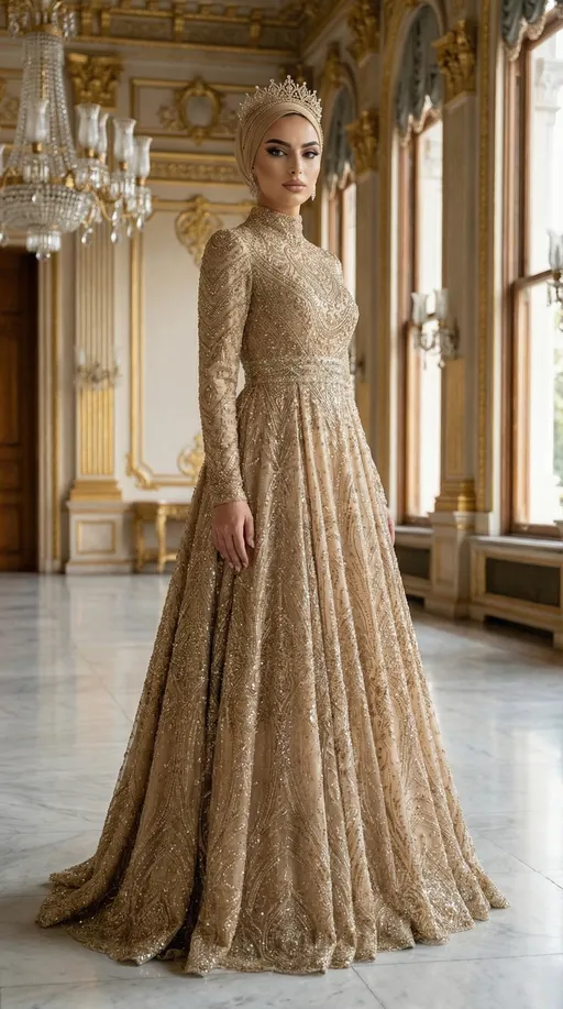 Prompt: THE WOMAN’S FACE AND DRESS FROM THE REFERENCE IMAGE MUST BE STRICTLY PRESERVED AND MUST NOT CHANGE UNDER ANY CIRCUMSTANCES.
Facial features, skin tone, eye shape, gaze, nose, lips, and makeup style must remain exactly the same as the reference.
The dress color, fabric texture, embroidery, beadwork, stones, stitching, cut, silhouette, neckline, sleeve length, and hem length must be identical and fully locked.

Ultra-realistic, high-resolution Çırağan Palace interior engagement photoshoot.
The woman stands inside the palace’s grand hall, featuring high ceilings, gold-leaf architectural details, crystal chandeliers, marble floors, and elegant classical palace elements softly visible in the background.

Cool & editorial pose:

Body turned slightly (30–40 degrees) to the side

Posture relaxed yet upright

Head very slightly tilted downward

Gaze directed just beside the camera, not directly into the lens

Facial expression calm, confident, cool, and composed

Lips closed, no smile

One hand gently touching the skirt of the dress, the other arm relaxed naturally

The crown is perfectly centered, symmetrical, and harmonized with the dress embellishments.
Headscarf and head styling are clean, smooth, modern, and flawless; the hairline is neat and clearly defined.

Lighting is soft, natural, and cinematic; gentle daylight enters from palace windows, sculpting the facial structure and highlighting the dress details.
Skin texture is fully natural and realistic, with visible pores — no plastic skin, no beauty filters, no artificial AI look.

Photography style: luxury editorial bridal photography, natural skin texture, cinematic palace lighting, shallow depth of field, ultra-sharp focus, 8K realism.

🚫 NEGATIVE PROMPT

Artificial face, AI look, plastic skin
Beauty filters, over-smoothing
Any change to face or dress
Smiling expression, exaggerated posing
Distorted anatomy, extra fingers, extra limbs
Harsh lighting, flash blowout
Modern or minimal background
Low resolution, blur, noise, grain
Logos, text, watermark