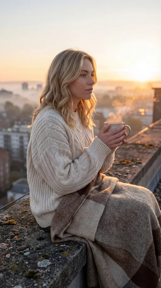 Prompt: @PruFY4wELmQh12ZRNYJl sipping coffee on a rooftop, wearing a cozy oversized sweater, wrapped in a blanket, sunrise light, lens flare, soft focus