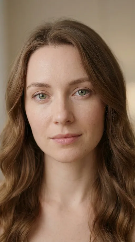 Prompt: Ultra-realistic female portrait in 4K resolution, breathtaking aesthetic facial proportions with near-perfect facial symmetry, naturally balanced and harmonious facial structure.
Soft green eyes with natural expression, hyper-sharp clarity, realistic depth and light reflection.
Light chestnut hair, long and softly water-wavy, elegantly framing the face, with subtle natural baby hairs along the hairline.
Fair skin tone with fine natural texture, visible micro skin details, slight pore presence, and very subtle freckles.
Gently emphasized cheekbones, naturally arched eyebrows (not overly thin), softly full lips with a natural shape, a refined and elegant nose, well-defined and aesthetic jawline.
Minimal, natural makeup enhancing realism rather than stylization.
Cinematic soft lighting with smooth transitions, professional studio portrait mood.
Ultra-sharp micro details, realistic human appearance, deep and natural color tones, true-to-life skin texture, hyper-detailed facial anatomy.
Photorealistic quality, professional portrait photography standard, flawless sharpness, high resolution, natural depth and clarity.

🚫 NEGATIVE PROMPT

Artificial or forced facial expressions, plastic or wax-like skin texture, CGI or cartoon style, overly smooth or airbrushed skin, oily render shine, harsh lighting, aggressive or heavy makeup, excessive stylization, distorted or incorrect facial proportions, facial asymmetry, blur, softness, pixel noise, compression artifacts, low resolution, low-quality render, uncanny valley appearance.