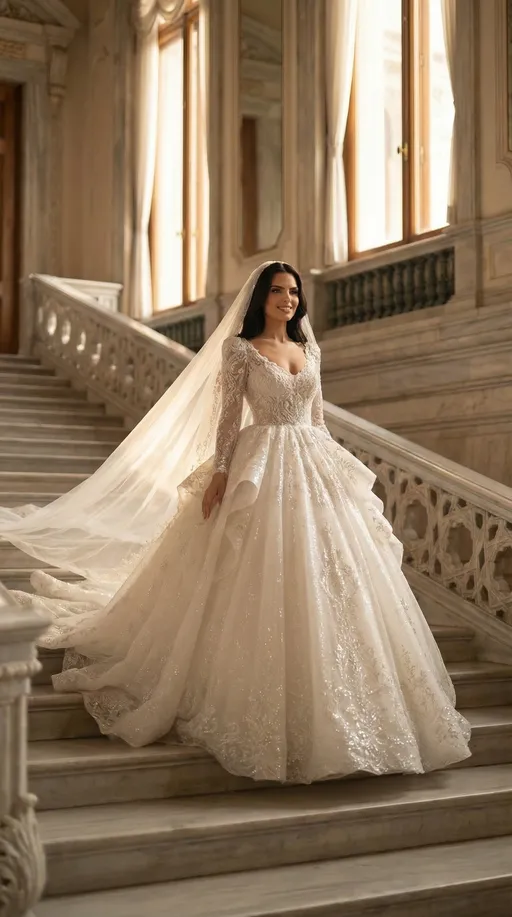 Prompt: Ultra-realistic cinematic video of an elegant bride walking slowly and gracefully down the grand marble stairs of Çırağan Palace in winter.
The environment is filled with soft natural daylight coming through tall palace windows, creating a warm golden glow despite the winter atmosphere.
Her movement is smooth, calm, and natural — not rushed, not stiff.
Her arms and hands move gently and fluidly with each step, elegant and feminine, perfectly synchronized with her walking pace.

She is wearing a luxurious white wedding gown with a voluminous flowing skirt and delicate shimmering embroidery.
The fabric moves naturally with her steps, slightly swaying and catching the light.
A long, elegant veil flows softly from the back of her head, extending down her back, moving gently with the air — not covering her face.
Her face is fully visible, natural, serene, and confident.

She smiles softly and naturally while walking, a warm and genuine smile, conveying calm happiness and grace.
Her posture is upright and poised, shoulders relaxed, head held high.
Hair styled elegantly under the veil, perfectly balanced, no stiffness.

Camera angle starts slightly above eye level, slowly tracking backward as she descends the stairs.
Subtle cinematic depth of field, soft background blur, ultra-high detail, 4K–8K quality.
Natural skin texture, realistic lighting, no artificial or robotic movement.
The overall mood is timeless, romantic, luxurious, and royal.

Negative prompt:
jerky movement, fast walking, robotic motion, stiff arms, unnatural facial expression, exaggerated smile, distorted face, face covered by veil, low quality, artificial lighting, cartoon style, overexposed, blurry details