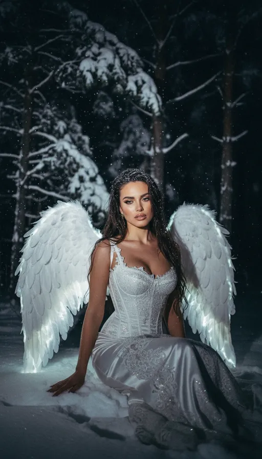 Prompt: "A hyper-realistic 3:4 night photography of a woman with a melancholic posture, sitting in a deep snowy forest. She is wearing an intricate white silk corset dress. Massive, hyper-detailed white feathered angel wings emerge from her back, with a faint bioluminescent white glow at the tips. Shot with a harsh direct camera flash creating deep shadows, raw aesthetic, 35mm film grain, slight motion blur for realism. Authentic skin textures, no filter, high ISO noise, cinematic dark atmosphere, captured on a high-end mirrorless camera with a candid, unpolished feel."