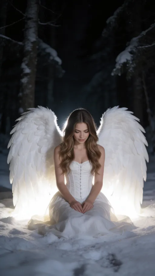 Prompt: Photo 3:4 aspect ratio. Appearance strictly from the uploaded reference photo. A snowy forest at night. The girl is sitting on the snow, head lowered, looking down. She is wearing a white corset dress. Very large, massive white angel wings behind her, glowing softly white at the bottom. A strong flash on the girl, dark background. No falling snow. High ISO, strong digital noise, motion blur, bad focus. Poor quality Sony A7R IV look, no retouching. Real phone photo, night shot, very weak flash, high ISO, digital noise, bad focus.
