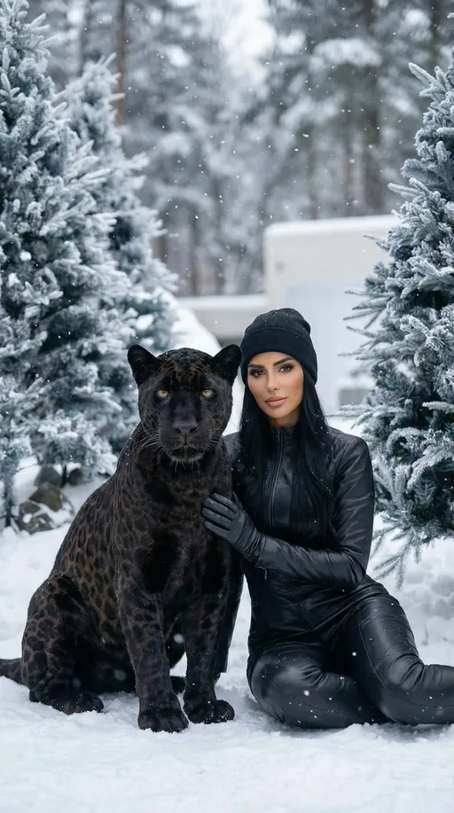 Prompt: 
Reference Image 1: Female model and black jaguar (face identity, anatomy, proportions)
Reference Image 2: Snowy forest environment (location, ground, trees, snowfall only)

The female model and the black jaguar from the first reference image are placed directly into the snowy environment of the second reference image. The female model’s face identity is strictly preserved — facial features, bone structure, proportions, expression, and skin texture remain 100% unchanged. No face alteration, no reshaping, no beautification.

The woman and the black jaguar are positioned naturally within the snowy forest scene, sitting or resting calmly on the snow-covered ground. Both maintain a realistic presence with correct scale, perspective, and lighting.

The woman is wearing a black leather suit with realistic leather texture and natural folds.
Her hands are covered with black leather gloves.
She is wearing a black beanie hat, naturally fitted, realistic fabric texture.
All clothing and accessories look premium, natural, and physically accurate — never artificial or CGI.

The black jaguar remains fully realistic, with correct anatomy, fur texture, and calm posture.
The interaction between the woman and the jaguar feels natural and balanced, not staged.

The environment features snow-covered trees, soft falling snow, and winter ground textures.
Lighting is realistic winter daylight, cinematic but subtle, with soft shadows and natural highlights.

High-end fashion editorial aesthetic, clean and luxurious.
Shallow depth of field, ultra-detailed, photorealistic, cinematic winter fashion photography.
No fantasy elements, no stylization — grounded realism only.

face change, altered identity, different face, artificial skin, plastic look, CGI, illustration, cartoon style, distorted anatomy, wrong proportions, extra limbs, fake clothing, unrealistic leather, uncanny valley, low resolution, blurred face