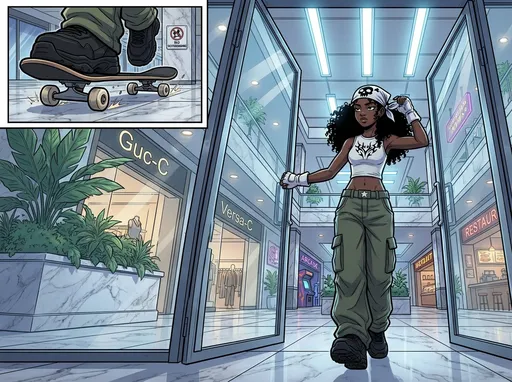 Prompt: Use the reference character EXACTLY as shown. Maintain identical faces, expressions, hair, shape, eye spacing, jawline and stylized features. Do NOT alter their facial structure. Scene: The character skates into a high end fashion mall where it is filled with endless stores, restaurants, a arcade and personal amenities. Greenery and amusing signs near as well as by the stores are appealing and attract any and everybody.

Character Action: The character pushes through massive glass doors. She walks with a slow, confident "catwalk" stride, adjusting her headscarf  so her hair curls bounce. She ignores a "No Skateboarding" sign, letting the board’s wheels clatter loudly on the marble.
Camera Angles: Starts with an extreme low-angle tracking shot of her shoes. It then cuts to a wide-angle "hero shot" from the mall floor looking up as she enters the atrium.
Lighting: Harsh, cool-toned overhead fluorescent lights create high-contrast rim lighting on her outfit.
Mood: Intimidating, "cool girl," and rebellious.