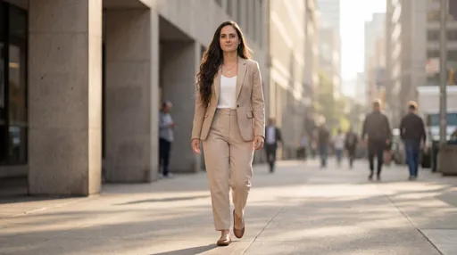 Prompt: @03PAnTxUGsi4nvgP35f1 wearing a tailored modern outfit, elegant neutral-toned blazer, relaxed trousers, simple flats, minimal jewelry, calm confident presence, walking through a city street, natural daylight, cinematic realism, muted urban tones