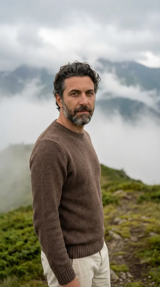 Prompt: *Ultra-realistic male portrait, 4K resolution, breathtaking aesthetic facial proportions with flawless natural symmetry.
Strong yet refined facial structure with harmonious and balanced features, realistic and masculine appearance.
Hazel eyes, hyper-sharp focus, crystal clear with a soft, natural glow and lifelike reflections.
Wavy black hair, naturally textured, gently framing the face in an elegant and organic way.
Light olive (wheat-toned) skin complexion with realistic skin texture and natural details.
Well-groomed salt-and-pepper beard, natural density and realistic hair distribution.

Casual yet stylish outfit: sporty elegance — brown knit sweater, cream-colored trousers, brown leather shoes.
Outdoor portrait photography in the misty highlands of the Black Sea region, foggy mountain scenery, soft clouds, natural atmosphere.
Natural daylight, soft diffused lighting, cinematic mood, shallow depth of field, realistic color grading, high dynamic range, professional photography quality, photorealistic, extremely detailed, sharp focus.**