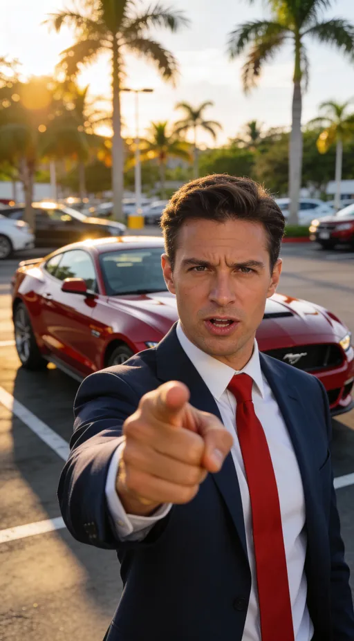 Prompt: Photorealistic medium shot of a confident male insurance agent in his 30s standing in a Florida car dealership parking lot, pointing directly at camera with index finger extended, serious commanding expression, slight eyebrow raise, mouth slightly open mid-speech. Behind him a gleaming cherry red sports car (Mustang or Camaro style) prominently visible, golden hour Florida sunlight, palm trees in soft bokeh background, humid subtropical atmosphere. DSLR quality, 85mm lens, shallow depth of field, natural lighting, sharp focus on face and pointing hand, warm color grading. Subject centered for 9:16 vertical crop.