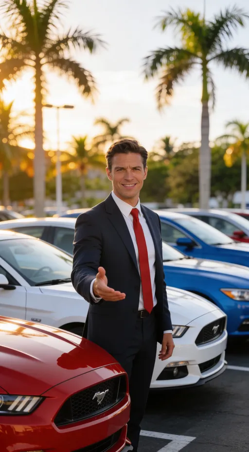 Prompt: Photorealistic medium close-up of the same confident male insurance agent, relaxed knowing smile, direct eye contact with camera, casual open palm gesture inviting engagement. Same Florida dealership setting but now standing beside a row of cars in multiple colors (red, white, blue, silver visible), emphasizing color doesn't matter. Golden hour warm light, palm trees in bokeh background, approachable trustworthy demeanor. DSLR quality, 85mm lens, shallow depth of field, natural lighting, sharp focus on face. Subject centered for 9:16 vertical crop. Clean composition leaving space in upper third for text overlay.