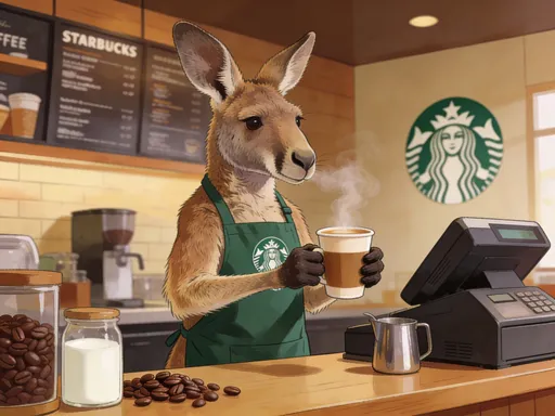 Prompt: Kangaroo working at starbucks