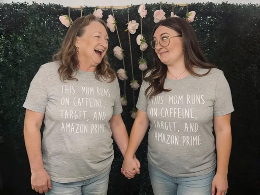 Prompt: remove the two women on the right and center camera on the two on the left.  Both women are looking at each other holding hands, the one on the left has a very happy and excited expression, the woman on the left has an expression on mischief and innocence. increase the detail and focus with cinematic lighting