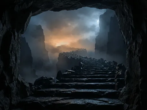 Prompt: 
A dramatic fantasy scene viewed from a rocky cave window looking out at an enormous, dark staircase that rises steeply into the distance toward a mysterious glowing horizon. The giant stairs are jagged and ominous, with shadowy cliffs on either side, lit by soft moonlight and distant mist. The perspective is wide, atmospheric, and cinematic, with deep shadows and contrast to make the stairs look scary and vast.