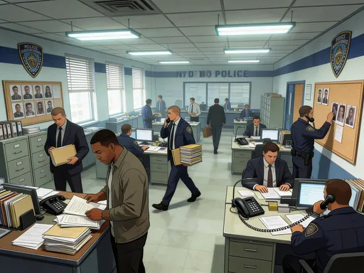 Prompt: GTA V cover art, Wide cinematic interior shot of a busy NYPD police precinct office, cartoon style. @DTrncEBRPYnRnCNtz7Rc @UCJN dressed in plain clothes (no uniform) stand near a desk reviewing case files. The office is active and authentic: desks covered with paperwork, ringing telephones, old file cabinets, bulletin boards with case photos, NYPD insignias on the walls, fluorescent lighting overhead.
Multiple detectives and officers move throughout the room: some walking with case folders, others talking on corded desk phones, typing reports, and discussing investigations. One officer passes carrying a stack of case files while another pins photos to a corkboard.
Camera uses a wide cinematic angle showing the entire precinct bullpen, giving depth to the room. Slight handheld movement like a crime documentary film crew capturing real police activity.
@DTrncEBRPYnRnCNtz7Rc @UCJN quietly talk while flipping through a case file on the desk.
Lighting: cool fluorescent police station lighting mixed with window daylight.
Mood: gritty, realistic, investigative atmosphere.
Style: police procedural drama, cartoon illustration