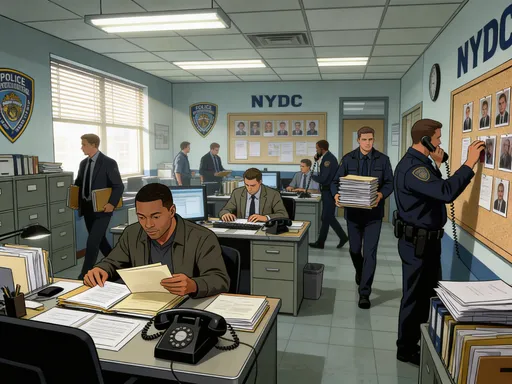 Prompt: GTA V cover art, Wide cinematic interior shot of a busy NYPD police precinct office, cartoon style. @DTrncEBRPYnRnCNtz7Rc @UCJN dressed in plain clothes (no uniform) stand near a desk reviewing case files. The office is active and authentic: desks covered with paperwork, ringing telephones, old file cabinets, bulletin boards with case photos, NYPD insignias on the walls, fluorescent lighting overhead.
Multiple detectives and officers move throughout the room: some walking with case folders, others talking on corded desk phones, typing reports, and discussing investigations. One officer passes carrying a stack of case files while another pins photos to a corkboard.
Camera uses a wide cinematic angle showing the entire precinct bullpen, giving depth to the room. Slight handheld movement like a crime documentary film crew capturing real police activity.
@DTrncEBRPYnRnCNtz7Rc @UCJN quietly talk while flipping through a case file on the desk.
Lighting: cool fluorescent police station lighting mixed with window daylight.
Mood: gritty, realistic, investigative atmosphere.
Style: police procedural drama, cartoon illustration