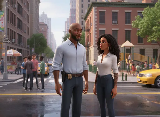 Prompt: @5UKMsb5wqpxodPkNEqVd who is a tall figure wearing a dress shirt with the buttons on the top of the shirt open, loose fitting blue jeans and black boots. Lorenzo has his NYPD detective badge affixed in a badge holder on his belt, which is visible holding his police department radio. Lorenzo is watching a group of guys on the street corner of NYC across the street from an elementary school full of children black white asian and latino playing during their lunch break from class. Lorenzo is also talking to a gorgeous Puerto Rican and black female with tight jeans and a button down shirt with tattoos, wearing gold earrings.