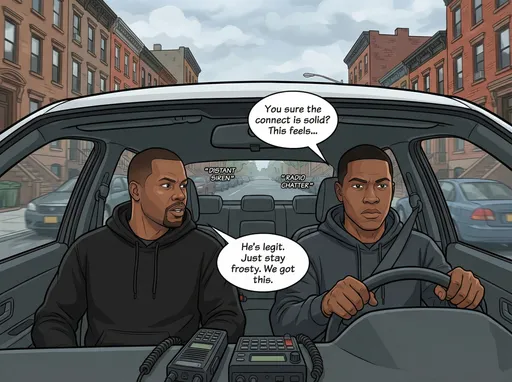 Prompt: Ambient Brooklyn street noise.Distant siren.Radio chatter. @DTrncEBRPYnRnCNtz7Rc @UCJN  the vehicle driver and @fe5pGWvgf6r6p24XmB7T @UCRA in the passenger are driving in a vehicle through the streets of Brooklyn New York seriously talking about a gun buy they are about to do. @DTrncEBRPYnRnCNtz7Rc@UCJN is driving the vehicle and @fe5pGWvgf6r6p24XmB7T @UCRA  in the passenger seat, both in dark sweat hoods.