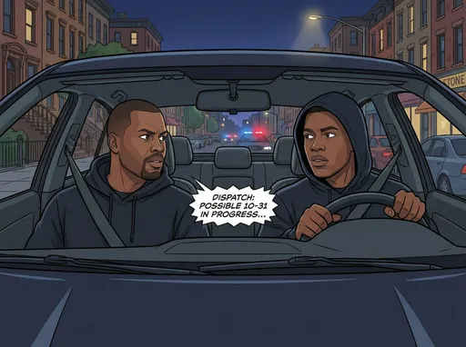 Prompt: Ambient Brooklyn street noise.Distant siren.Radio chatter. @DTrncEBRPYnRnCNtz7Rc @UCJN  the vehicle driver and @fe5pGWvgf6r6p24XmB7T @UCRA in the passenger are driving in a vehicle through the streets of Brooklyn New York seriously talking about a gun buy they are about to do. @DTrncEBRPYnRnCNtz7Rc@UCJN is driving the vehicle and @fe5pGWvgf6r6p24XmB7T @UCRA  in the passenger seat, both in dark sweat hoods.