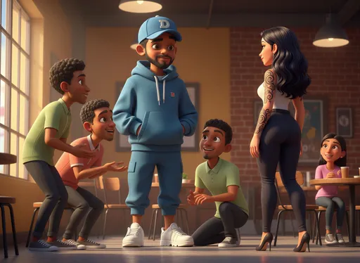 Prompt: @89hzHcnb0xlElpF97LUywho is a noticeably taller figure is Talking to some of his black and hispanic friends, Big D is also eyeing a beautiful hispanic woman with tattoos nice hair and a big but wearing dress pants and high heels.