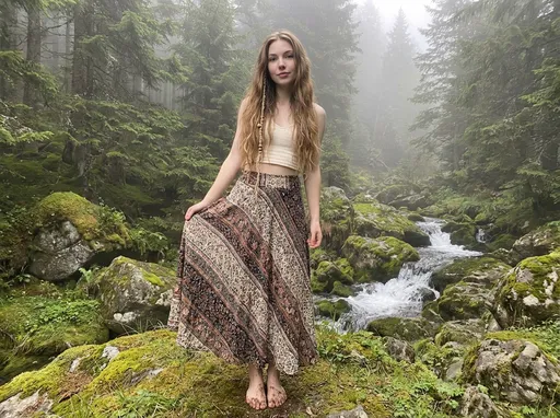 Prompt: A young woman with a heart shaped face , with   hazel almond eyes, a button nose , with long light brown wavy hair. In her hair a strand of it wrapped in with hemp string and beads. her skin is pale. she has rose bud lips. she wears a long skirt with a boho flair and a cotton cropped skirt. the background behind her is a misty forest in the mountains filled with evergreen trees. mossy rocks decorate the landscape while a stream is running in the background. the woman is 24 she has dirt on her feet