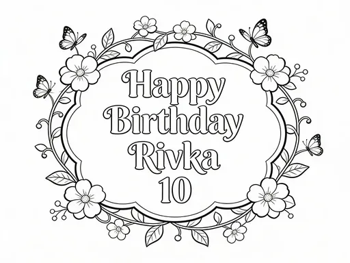 Prompt: Black-and-white birthday coloring sheet, portrait orientation, designed for a 10-year-old. Pretty floral theme with flowers, leaves, vines, and a few butterflies framing the page. Large, neat bubble letters in the center that say exactly: "Happy Birthday Rivka 10". Clean bold outlines, no shading, no color, elegant but kid-friendly (not babyish), suitable for printing and coloring.
