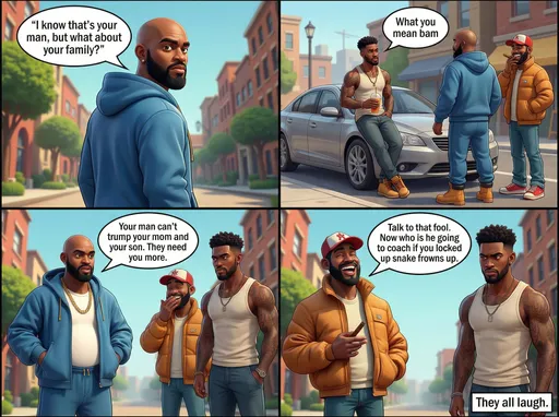 Prompt: @H4wUuf2zxWxEOI4nMnCi says "I know that’s your man, but what about your family?” looking around. Then he turns around looking at the other two men.@Yykvf1ByprdhxxSjGJau  leans against the car and states " What you mean" bam says
@H4wUuf2zxWxEOI4nMnCi "Your man can't trump your mom and your son. They need you more." coach shango states@UAG333Ku7x3HLTGYVEid  giggling "Talk to that fool. Now who is he going to coach if you locked up" snake frowns up.    They all laugh