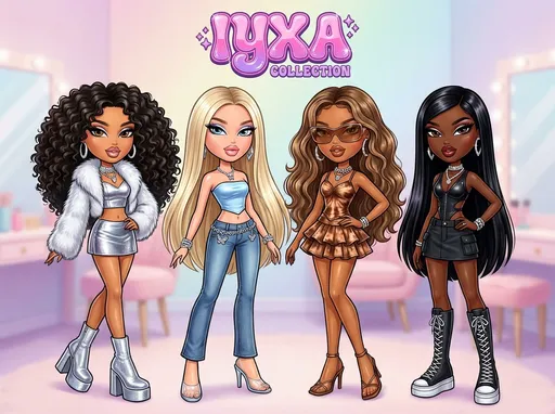Prompt: Create a high-quality, stylized illustration of four Bratz-inspired dolls standing together in a glamorous, fashion-forward pose. Each doll has a distinct look and skin tone, celebrating diversity.

• Doll 1: Medium tan skin tone with Spanish-style curly hair (defined, voluminous curls), bold makeup, glossy lips, dramatic lashes.
• Doll 2: Light skin tone with long, straight blonde hair, sleek and silky, soft glam makeup.
• Doll 3: Warm brown skin tone with wavy beach curl hair, effortless texture, bronzed makeup.
• Doll 4: Deep brown skin tone with long, straight jet-black hair, sharp middle part, fierce glam makeup.

All dolls wear Bratz-inspired outfits — trendy, Y2K luxury fashion (crop tops, mini skirts, platform heels, bold accessories, metallics, fur accents).

The style is Bratz doll aesthetic: oversized heads, big almond-shaped eyes, glossy lips, dramatic lashes, slim bodies.

At the top of the image, include a Bratz-inspired logo with the words “IYXA COLLECTION” in bold, glossy, pink-and-purple Y2K lettering.

Background: clean but glamorous (soft gradient, vanity room, or fashion studio).
Lighting: bright, polished, editorial-quality.
Overall vibe: luxury, fashion, confident, girly, iconic Bratz energy.
