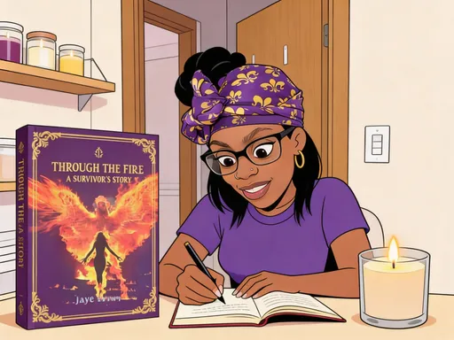 Prompt: @GCBkuaVR5F6SULDWXaOJ name  is Jaye Ebony entrepreneur  in cincinatti ohio  running candle business, author of through the fire a surivor story by jaye ebony , resilient determined, devoted, a domestic violence surivor goal is to bring awareness. Use my actual book cover be the picture look cartoon she is writing another book