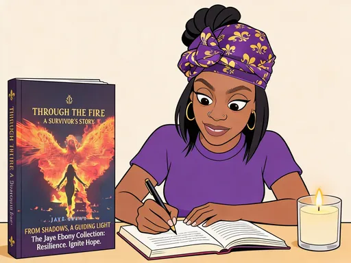 Prompt: @GCBkuaVR5F6SULDWXaOJ name  is Jaye Ebony entrepreneur  in cincinatti ohio  running candle business, author of through the fire a surivor story by jaye ebony , resilient determined, devoted, a domestic violence surivor goal is to bring awareness. Use my actual book cover be the picture look cartoon she is writing another book
