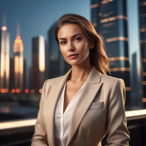 Prompt: homem ou mulher elegante, aparência confiante e profissional, vestindo roupas modernas e sofisticadas, em um ambiente urbano luxuoso com arranha-céus e luzes suaves ao fundo. A cena transmite sucesso, crescimento financeiro e liberdade. Iluminação cinematográfica, cores quentes e equilibradas, estilo realista, alta resolução, foco nítido no personagem principal, profundidade de campo suave. Atmosfera premium, moderna e inspiradora, ideal para anúncios, marketing e negócios.