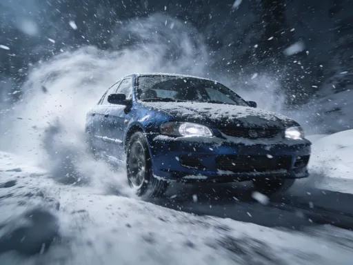 Prompt: Dark blue car driving through a snow storm 