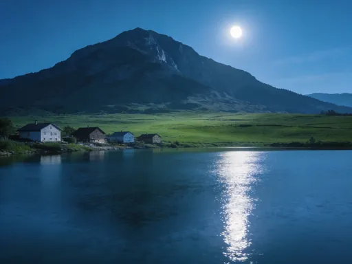 Prompt: Image where moon light shower the mountain with open green field with a lake and some house on the bank of lake