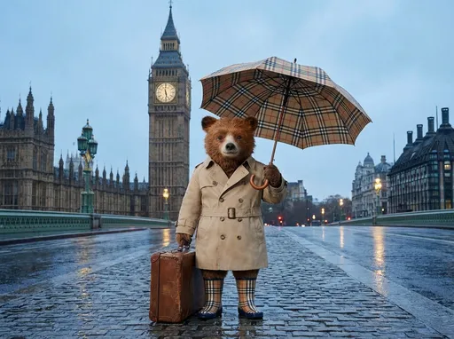 Prompt: Make the paddington bear wear a Burberry coat boots and holding a Burberry umbrella in front of big ban in London 
