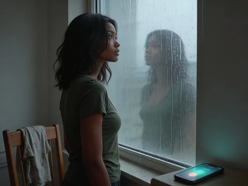 Prompt: Photorealistic, @oWGK4BDb4Lx4nqNETNEm stands gazing through rain-streaked window glass, lost in thought as droplets trace patterns down the pane. A worn cotton t-shirt drapes over the back of a wooden chair nearby. Her smartphone vibrates and glows on a nearby surface, screen illuminating with an incoming call she ignores. Soft gray daylight filters through the wet glass, casting muted reflections across her contemplative face. Interior setting with minimalist furnishings, rainwater visible streaming down the exterior window, creating a melancholic atmosphere of quiet solitude.
