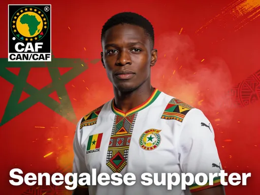 Prompt: Affiche sportive africaine haut de gamme, style publicité officielle CAF – Coupe d’Afrique des Nations, rendu photoréaliste 4K, éclairage studio professionnel, composition équilibrée et impact visuel fort.
Personnage principal (au centre ou légèrement à gauche)
•	Utiliser l’image fournie comme référence exacte du visage et du corps
•	Aucune modification du visage : pas de retouche faciale, pas de stylisation, pas d’embellissement IA
•	Identité faciale strictement préservée à 100 %
•	Expression : fière, confiante et déterminée, regard face caméra
•	Posture naturelle de supporter engagé
Tenue
•	Le personnage porte exactement ce maillot (maillot blanc des Joueurs du Sénégal 🇸🇳 (lion de la terrainga) avec motifs africains)
•	Couleurs fidèles, textures réalistes, tissu bien détaillé
Fond & ambiance
•	Fond rouge intense inspiré CAN / CAF
•	Texture artistique dynamique (peinture, énergie, fumée légère)
•	Motifs africains subtils intégrés en arrière-plan
Avec en bas de l’image «supporteur sénégalais »