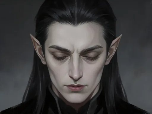 Prompt: This is a digital painting of a pale-skinned, androgynous person with a melancholic expression. 
The style of the painting is realistic with a slight impressionistic touch, characterized by loose, expressive brushstrokes. The detailed rendering of the hair and skin texture adds a sense of realism to the otherwise impressionistic style.

This is a digital painting depicting a somber, androgynous figure, has a very smooth face shape and a pretty face with a pale, almost porcelain-like complexion. The subject has long, straight, dark hair that cascades down their back, contrasting sharply with their light skin and slick back at the top. Their eyes are closed, and their expression is serene yet slightly melancholic. Prominent, pointed elf-like ears add a fantastical element to their appearance. The background is a gradient of dark grays, creating a moody, shadowy atmosphere that emphasizes the figure's pale skin and dark attire

It's a portrait of a stern, brooding male figure with pale skin and intense, dark blue eyes. He has a soft face shape, nothing masculine. 
The background is a gradient of dark to light gray, providing a subtle, moody atmosphere. The overall color palette is muted and cool, dominated by shades of gray, black, and brown, which enhance the dark, fantasy theme of the portrait. The digital painting is highly detailed, with a realistic yet slightly ethereal quality.
