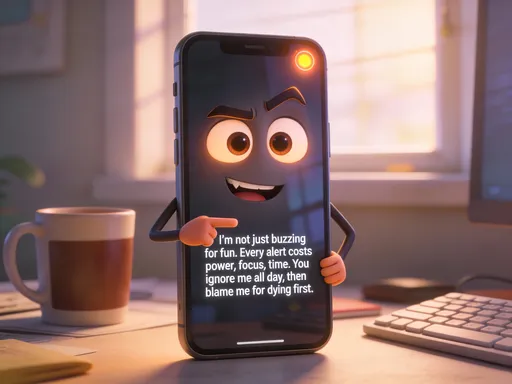 Prompt: Text-to-Image Prompt

Pixar-style 3D render of a smartphone standing upright on a cluttered desk.

Eyes: bright, wide, glowing slightly with notification light

Eyebrows: raised and tense, asymmetrical with urgency

Mouth: half-open, sharp grin like it’s mid-warning

Arms: one arm pointing at the screen, the other tapping impatiently
Scene: modern desk with coffee mug, keyboard, and soft morning light streaming through a window, cinematic Pixar lighting with subtle reflections on the glass screen

🎬 10-Second Script

I’m not just buzzing for fun.
Every alert costs power, focus, time.
You ignore me all day, then blame me for dying first.