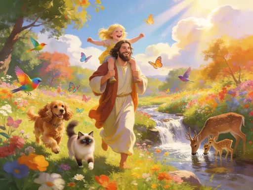Prompt: Jesus has a blond little girl. sitting on His shoulders as He is running through a beautiful, colorful meadow of many different flowers and trees, and they are both laughing. The sky is radiating with the sun's rays bursting through cumulus clouds. They are being accompanied by a cocker spaniel, a seal point ragdoll cat, colorful birds, and colorful butterflies. Along the side of a beautiful cascading running stream, with mother deer and fawns drinking in it.