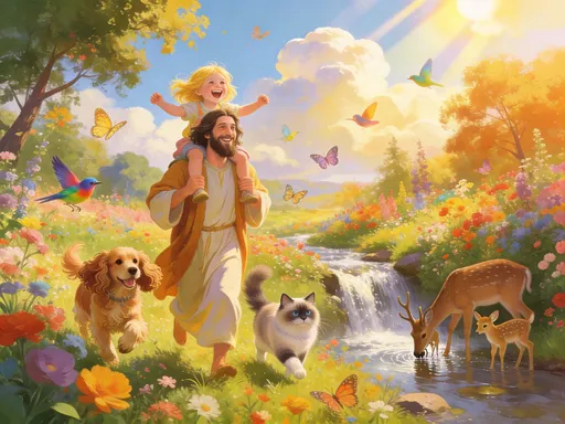 Prompt: Jesus has a blond little girl. sitting on His shoulders as He is running through a beautiful, colorful meadow of many different flowers and trees, and they are both laughing. The sky is radiating with the sun's rays bursting through cumulus clouds. They are being accompanied by a cocker spaniel, a seal ragdoll cat, colorful birds, and colorful butterflies. Along the side of a beautiful cascading running stream, with mother deer and fawns drinking in it.