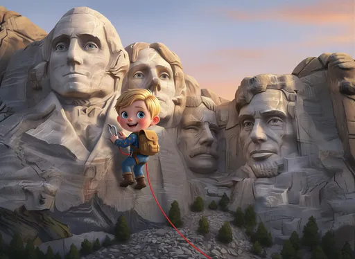 Prompt: @4xFVAN8kqAikj1k45IdM IMAGE 3: Climbing Past Teddy Roosevelt
Generate an image with this description:
Children's book illustration of a blonde boy explorer with blue eyes and dimples climbing Mount Rushmore near Theodore Roosevelt's carved stone face. The boy has climbing rope, determination in his expression. Roosevelt's granite features visible in background. Sense of height and adventure. Warm digital painting style, soft lighting, reminiscent of Pixar concept art and modern children's storybooks, painterly textures, expressive characters, dramatic perspective.