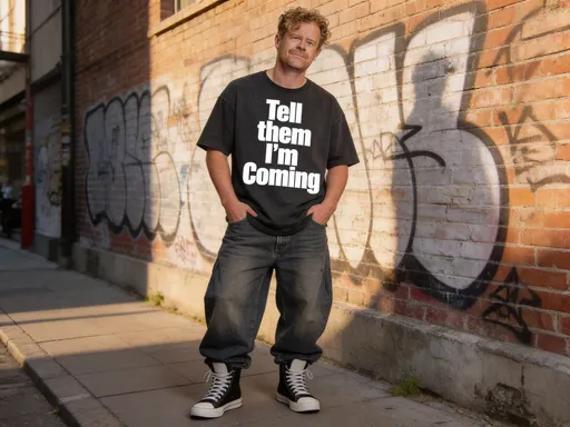 Prompt: @XfXLkq5b2mMiXjXgMYRH is normal height, dressed in hip hop outfit. His T-shirt reads, 'Tell them I'm Coming'