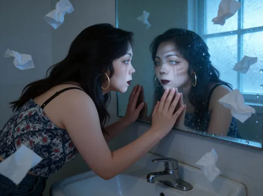 Prompt: @PlXEgR3AKpQDuukb46e0   leaning toward a bathroom mirror with smudged eyeliner, torn tissues floating softly, cool dramatic lighting, emotional surreal vibe