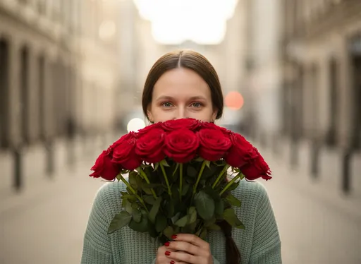 Prompt: @IDT4lbRYpzCJI9x5AzU2 Ultra-realistic portrait photo using the provided avatar reference, centered composition.
The character holds a bouquet of deep red roses directly in front of the mouth and nose, covering the lower half of the face.
Only the eyes are visible above the flowers, sharp focus on the eyes, calm and focused gaze looking straight into the camera.
Soft natural daylight with warm tones, shallow depth of field.
Background: softly blurred urban street environment with neutral beige and gray tones, subtle bokeh, realistic depth.
Natural skin texture with high realism, no artificial or plastic appearance, clean and professional photographic look.
Manicure visible on the hand holding the bouquet, matching the color of the roses.
Captured on a full-frame camera with an 85mm lens at f/1.4, high dynamic range, professional photography, cinematic yet realistic color grading, ultra-detailed, authentic lighting.