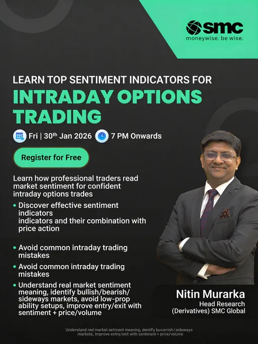 Prompt: SMC Global aapke liye lekar aaya hai FREE Intraday Options Trading Webinar. 
Ji haan, ye webinar bilkul free hone wala hai, specially aapke liye. 
Is webinar mein aap jaanenge ki kese professional traders market sentiment read karte hain, jisse wo intraday options trades ko jayda confidence ke saath timely kar paate hain.
Is live webinar mein aap seekhenge sabse effective sentiment indicators, unhe price action ke saath kaise combine karein, aur intraday trading mein hone wali common mistakes se kaise bachein.

Market sentiment ka real meaning samajhne se lekar,
 professional traders ke use kiye gaye top sentiment indicators ke through
 bullish, bearish aur sideways market ko pehle hi identify karna, 
kab trade NA karein — low-probability setups se kaise bachein,
 aur sentiment indicators ko price aur volume ke saath combine karke
 entry, exit aur trading confidence ko kaise improve karein. 
Iske alawa bhi bahut saari practical aur valuable knowledge
 aapko is FREE webinar mein milne wali hai. 

👉 Toh abhi link par click kijiye aur apna slot book kijiye!
