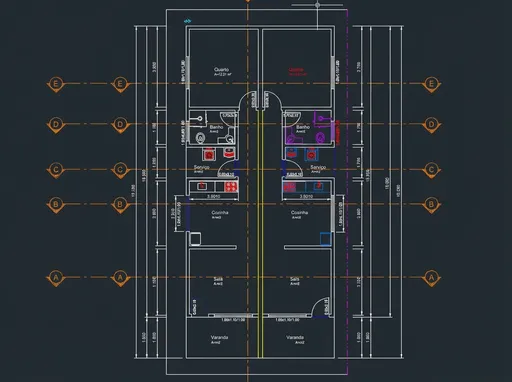 Prompt: A detailed CAD drawing of a residential floor plan.