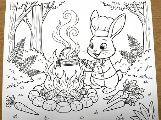 Prompt: @3978TSn4jUNQu33SNiOY In a bold black and white coloring book making carrot soup over a camp fire