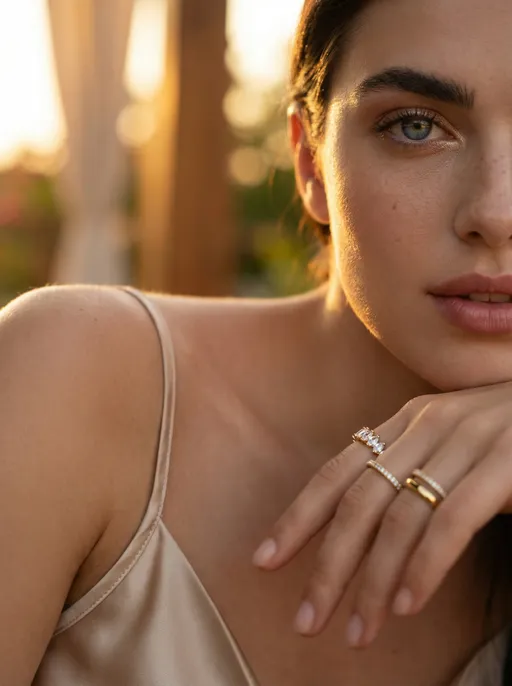 Prompt: @eKn8XBRg8yuighwDvLwX 
half-face beauty close-up, eye and lips aligned, silk slip edge visible, micro rings softly blurred, gesture: gentle forward lean toward you, camera: 110mm macro f/3.2, light: golden rim light, setting: summer dusk terrace, style: luxury beauty romance