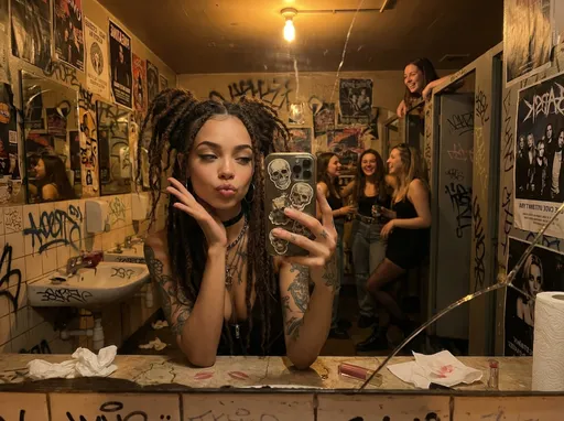Prompt: Photorealistic, @4kGDv3nHQChZhPivgpNe takes a selfie in a grungy bathroom mirror she is posing with a kiss and expressive body movements , phone adorned with worn skull stickers held at arm's length, she is holding the phone verticallycapturing her reflection in the smudged glass. The cramped space features graffiti-covered walls plastered with faded band posters and peeling stickers, dim overhead lighting casting amber tones across cracked tiles. Behind her, other young women laugh and chat near the sinks, one leaning over a toilet stall in the background. The atmosphere buzzes with raw energy—lipstick-smudged counters, scattered paper towels, and the worn authenticity of a rock 'n' roll dive bar bathroom captured in natural low-light conditions with realistic skin textures and environmental grit.