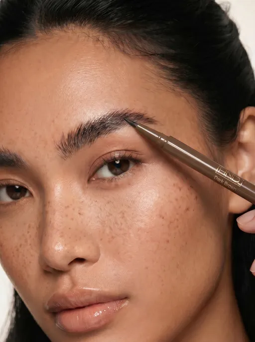 Prompt: Edit only the eyebrow pencil tip in image number 1 so it exactly matches the eyebrow pencil tip shape from image number 2. Replace the current eyebrow pencil brush/tip with the precise thin sharp felt-tip style from the correct reference image. Match the exact tip thickness, sharpness, angle, shape, color, and realistic material texture from image number 2.

Do not change anything else in the image. Keep the same model, same face, same freckles, same eyebrow shape, same hand position, same lighting, same shadows, same packaging, same logo placement, same colors, same composition, same background, and same image quality. The only change should be the eyebrow pencil tip correction.

Make the new tip look naturally integrated with realistic lighting, reflections, focus, and shadows matching the original image perfectly. Ultra realistic cosmetic campaign retouching, photorealistic detail, seamless edit, no AI look.