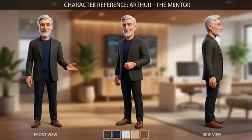 Prompt: Pixar style 3D animated character design sheet, distinguished wise older 
gentleman in his late 50s to early 60s, Gandalf-like wisdom and calm 
authority in modern office attire, tall dignified build with commanding 
but approachable presence, silver-white neatly trimmed hair and well-groomed 
short beard, kind intelligent blue-grey eyes with warm smile lines and 
expressive eyebrows, wearing a sharp charcoal blazer over a deep navy 
crew-neck sweater with no tie, dark well-fitted trousers, clean leather 
shoes, subtle quality wristwatch, no fantasy elements no staff no robe no 
hat, upright grounded posture with open unhurried gestures, warm cinematic 
lighting, soft shadows, Pixar 3D animation style with exaggerated 
expressive features and rich detailed textures, modern tech office 
background, multiple angles showing front view three-quarter view and side 
view, character reference sheet layout, warm color palette with charcoal 
navy and silver-white accents, shallow depth of field, 4K resolution 
--ar 16:9