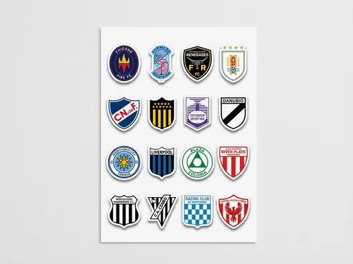 Prompt: A print-ready A4 sticker sheet (210mm x 297mm), 300 DPI, featuring 16 evenly spaced die-cut soccer logo stickers arranged in a precise 4x4 grid with equal margins and padding.

Each sticker has:
- clean white kiss-cut border
- subtle shadow for realism
- consistent sizing and alignment

Logos included:
Chicago Fire FC, Forward Madison FC, Frontera Rivera Renegades FC, Uruguay National Team (World Cup crest), and 12 top Uruguayan clubs (Nacional, Peñarol, Defensor Sporting, Danubio, Montevideo City Torque, Liverpool Montevideo, Plaza Colonia, River Plate Montevideo, Wanderers, Cerro, Racing Montevideo, Fénix)

Design style:
- vector-style, sharp edges, crisp lines
- accurate colors and faithful visual identity inspired by real clubs
- no text distortion, no stylization that alters logos
- clean white background
- print layout aesthetic

Camera:
flat lay, perfectly centered, no perspective distortion

Output:
ultra high resolution, print-ready, no watermark, no mockup elements